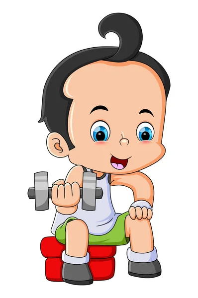 Little Boy Lifting Small Barbell While Sitting Illustration — Stock Vector