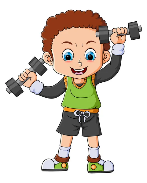 Curly Boy Small Body Lifting Two Barbell Happy Illustration — Stock Vector