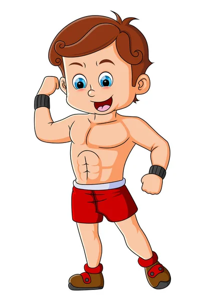 Menino Com Corpo Muscular Está Mostrando Seu Músculo Corpo Ilustração — Vetor de Stock