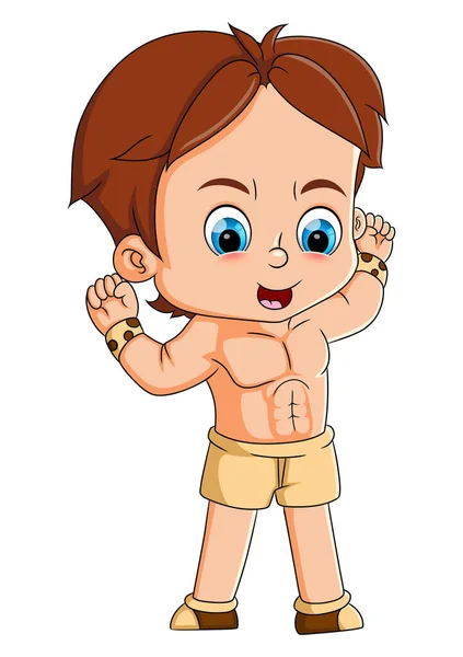 Little Boy Muscular Body Showing Posing Illustration — Stock Vector