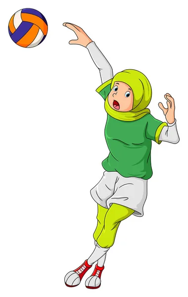Chica Hijab Está Jugando Voleibol Lanzar Pelota Ilustración — Vector de stock