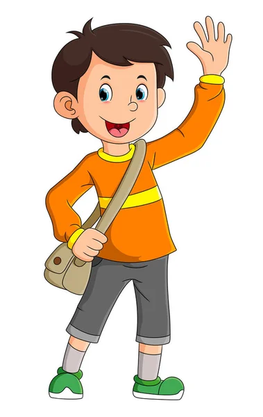 Niño Feliz Está Listo Para Escuela Agitando Mano Ilustración — Vector de stock