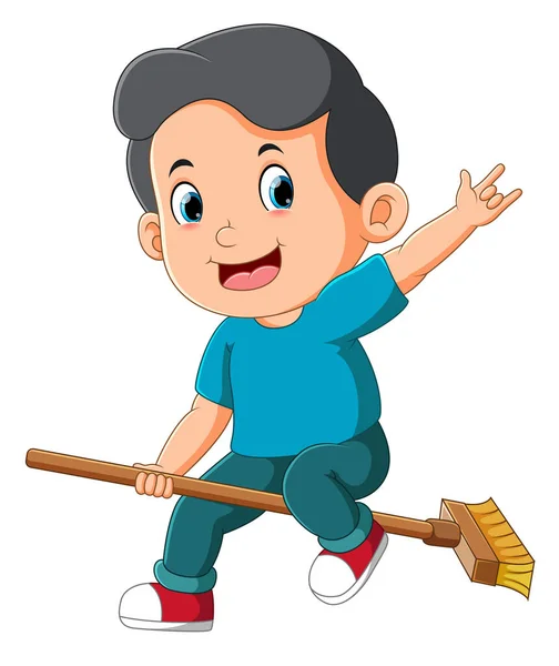 Boy Riding Broom Playing Classroom Illustration — Stock Vector