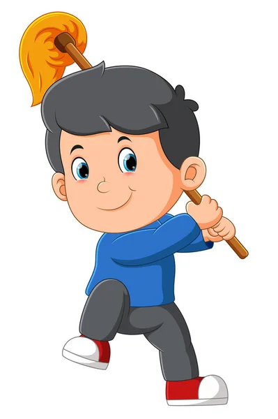 Boy Playing Fighting Mop Illustration — Stock Vector