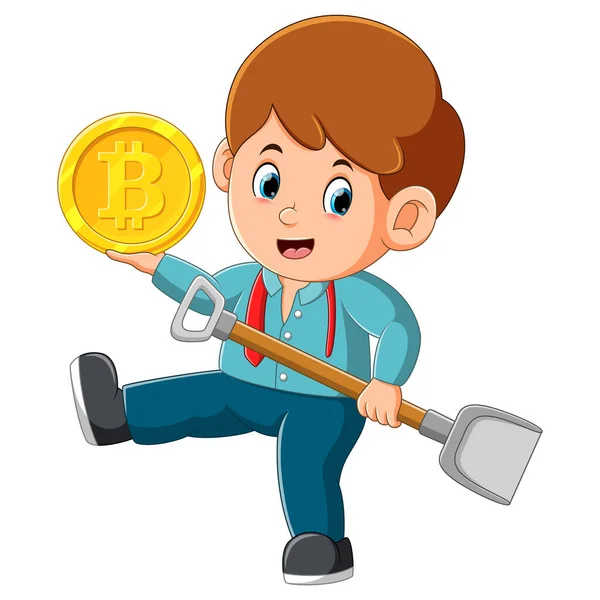 Boy Digging Bitcoin Shovel Feel Happy Illustration — Stock Vector