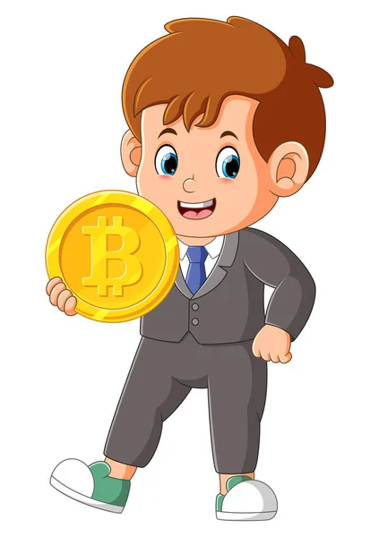 Αγόρι Από Γραφείο Ποζάρει Μεγάλο Bitcoin Όμορφα Της Εικονογράφησης — Διανυσματικό Αρχείο