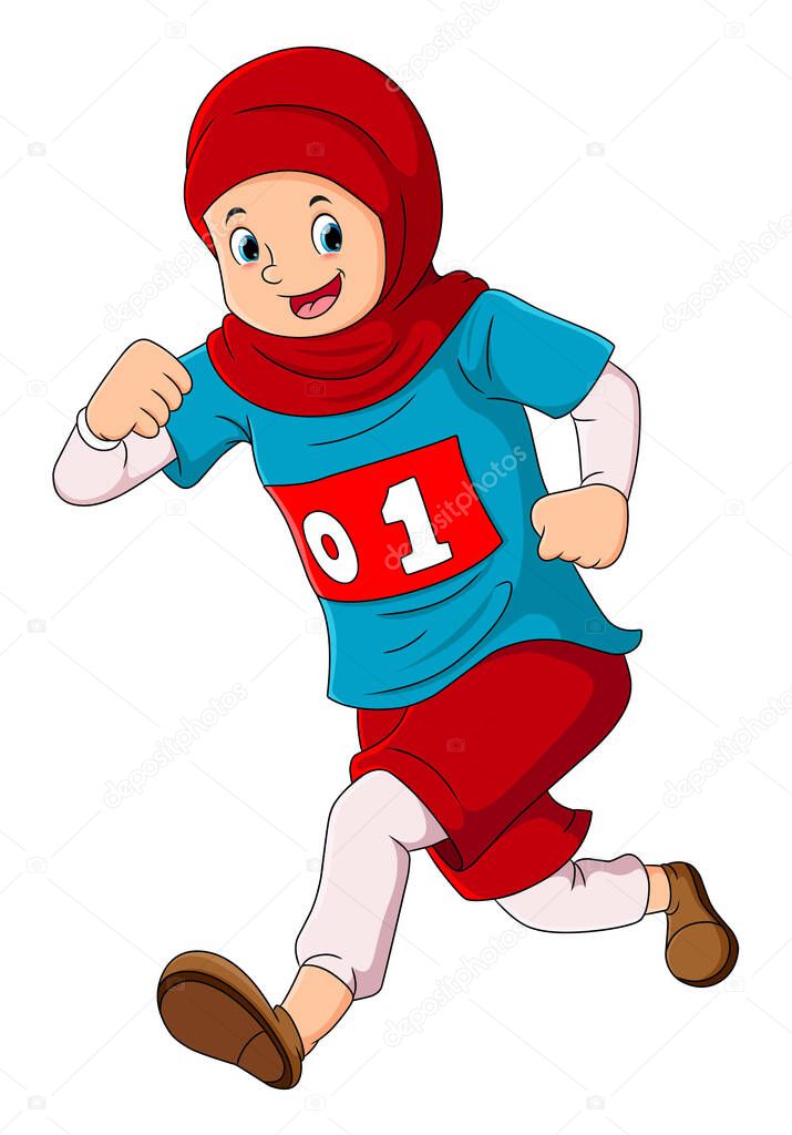 The hijab girl is running in a marathon competition of illustration