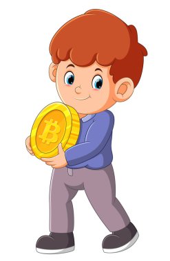 Adam bitcoin 'i tutuyor ve resmin büyük altın sikkesini taşıyor.