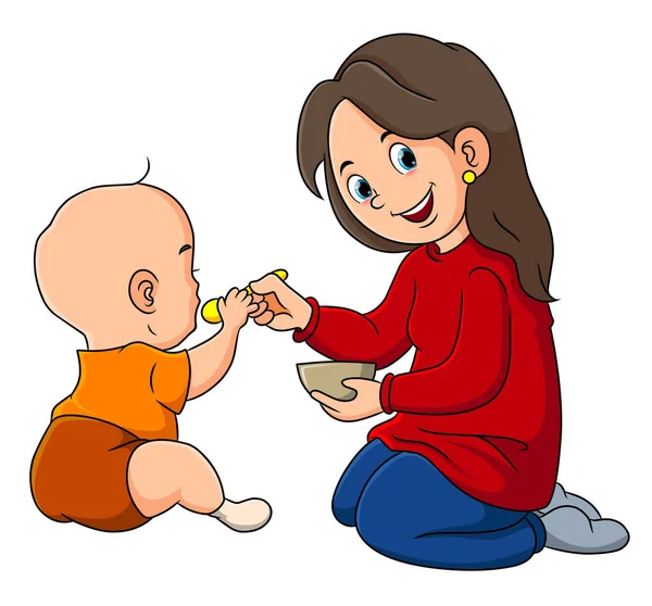 Mother Feeding Her Child While Sitting Illustration — Stock Vector