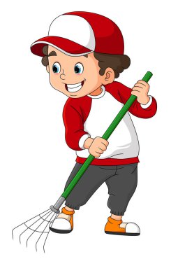 The boy is cleaning the dry leaf with the rake of illustration