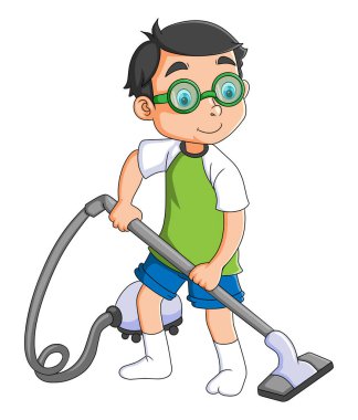 Çocuk elektrik süpürgesiyle tozu temizliyor.