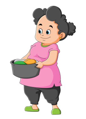 The mother is washing the cloth and put the cloth in the pail of illustration