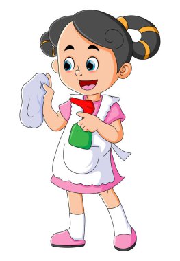 The cute girl is going to clean with a spray and mop while wearing an apron of illustration