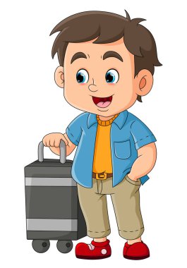 The cool boy is waiting for bus and bring a suitcase of illustration