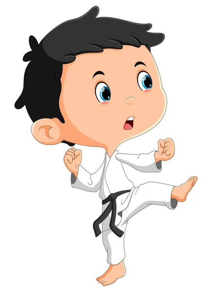 Strong Karate Boy Fighting Kicking Opponent Illustration — Vector de stock
