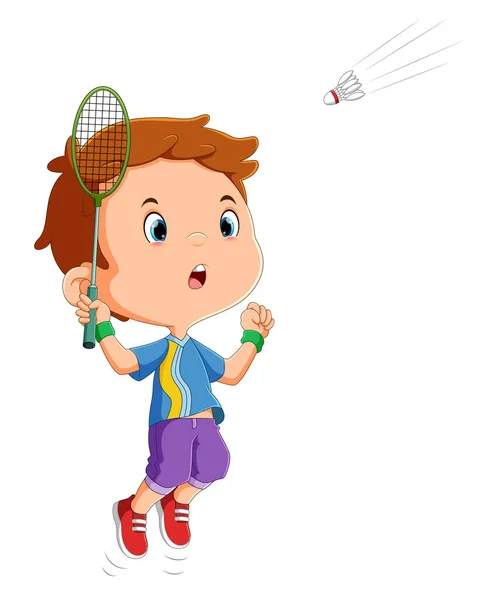 Boy Playing Badminton Hitting Racket Illustration — Vetor de Stock