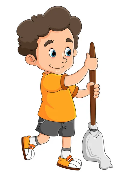 Diligent Boy Mopping Cleaning Floor Illustration — Stock Vector