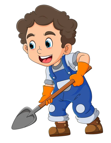 Builder Boy Digging Ground Shovel Illustration - Stok Vektor
