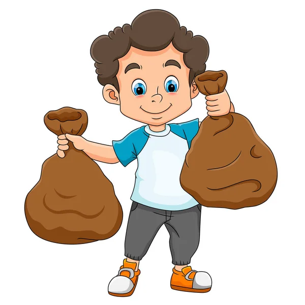 Diligent Boy Holding Two Big Sack Trash Illustration — Stockový vektor