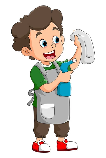 Boy Cleaning Window Cleaning Spray Cloth Illustration — Stock vektor