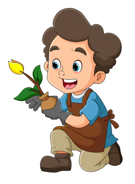 Gardener Boy Giving Flowers Park Illustration —  Vetores de Stock