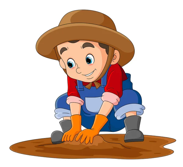 Farmer Boy Playing Dirty Ground Mud Illustration — Vector de stock