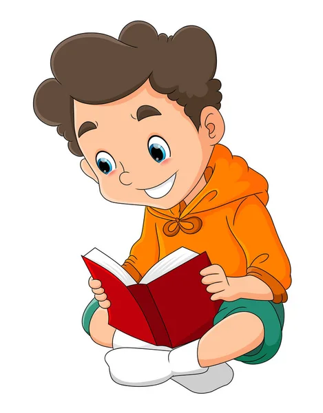 Happy Boy Reading Story Book Library Illustration — Archivo Imágenes Vectoriales