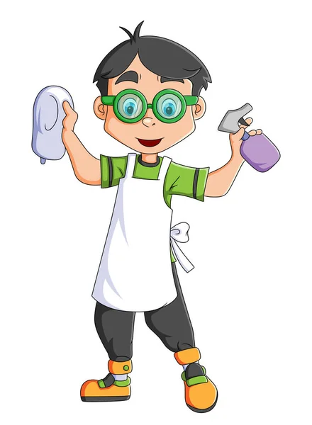 Happy Boy Holding Cleaning Spray Cloth Clean Dust Illustration — Stockvektor