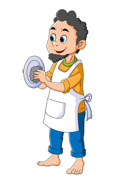 Happy Man Cleaning Dishes Plate Cloth Illustration — Διανυσματικό Αρχείο