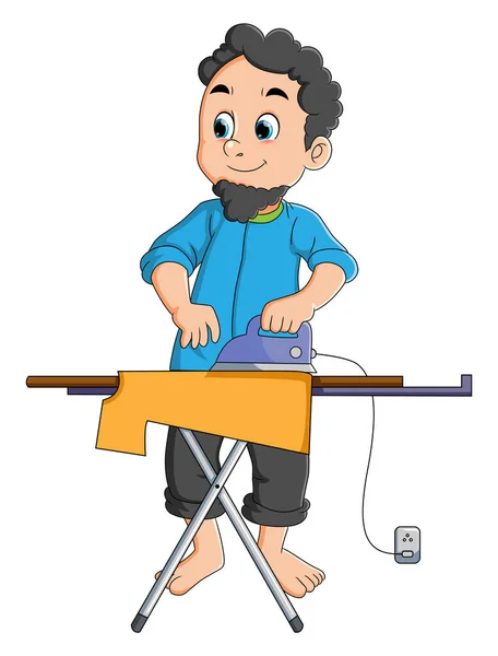 Staranny Chłopiec Prasuje Ubranie Stole Prasowania Ilustracji — Wektor stockowy