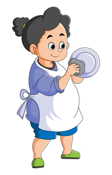 Maid Cleaning Drying Dishes Cloth Illustration — Stock vektor