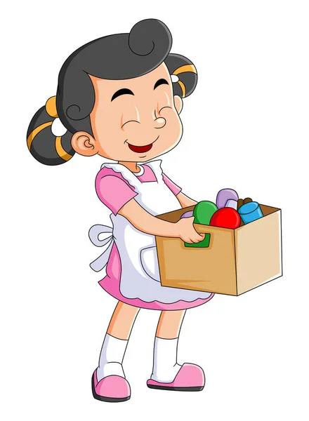 Happy Girl Carrying Box Bottle Wearing Apron Illustration — стоковый вектор