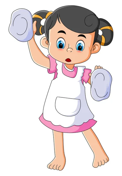 Little Girl Cleaning Window Mop Wearing Apron Illustration — 图库矢量图片