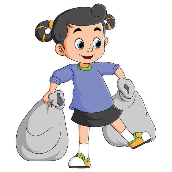 Little Girl Carrying Two Big Sacks Trash Throw Illustration — Stockový vektor