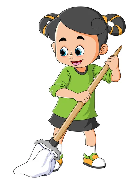 Little Girl Cleaning Floor School Mop Illustration — Stock Vector