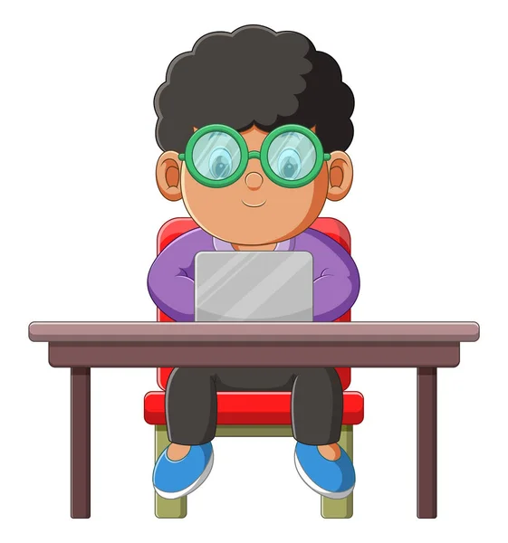 Boy Working Laptop Seriously While Sitting Illustration — ストックベクタ