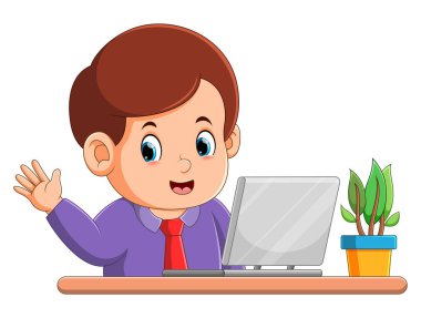 İşçi çocuk el sallıyor ve resimli dizüstü bilgisayarın önünde selamlıyor.