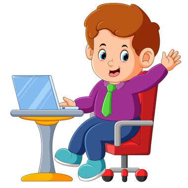 The employee is greeting while sitting and playing laptop of illustration