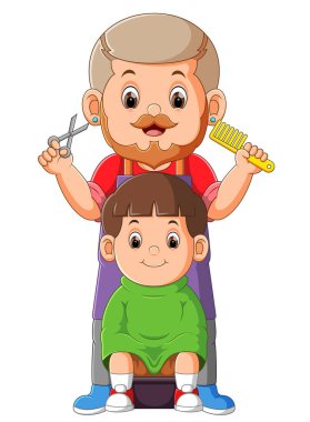 Berber çocuk saçlarını kesmeye ve resimlere gülümsemeye hazır.