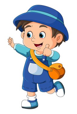 Küçük çocuk el sallıyor ve resimden bir parmak kaldırıyor.