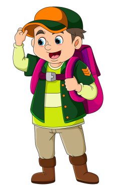 The traveler boy is ready to go while wearing a cap of illustration