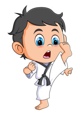 Karateci çocuk resimlerin güçlü bacağıyla vuruyor.