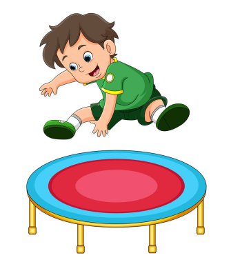 Oğlan illüstrasyonun trambolininde dans edip zıplıyor.