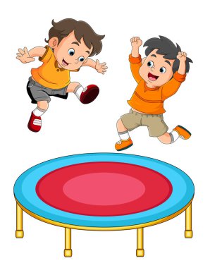 The twin boys is jumping together on the trampoline of illustration