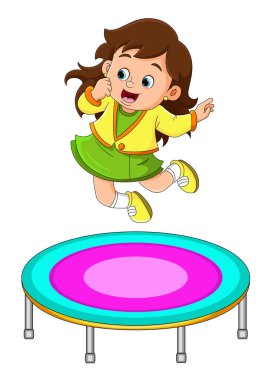 The cute girl is jumping on the trampoline very high of illustration