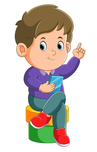 Boy Pointing While Sitting Playing Phone Illustration — Διανυσματικό Αρχείο