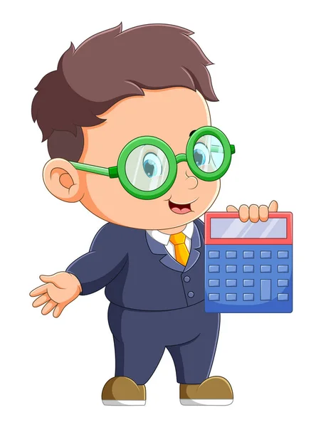 Menino Com Óculos Está Enquanto Segura Uma Calculadora Ilustração — Vetor de Stock