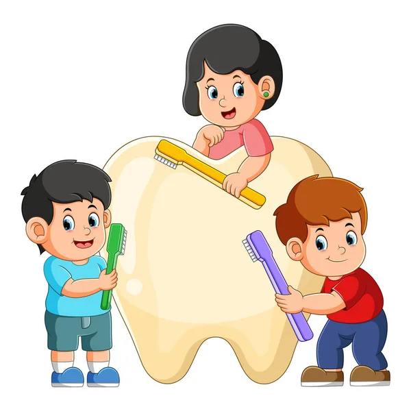 Group Kids Holding Toothbrush Brushing Big Tooth Illustration — Stock Vector