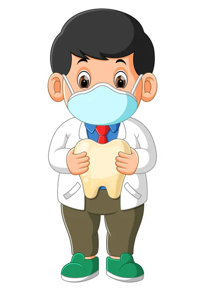 Dentist Wearing Masker Holding Big Tooth Illustration — ストックベクタ