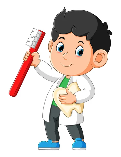 Dentist Holding Toothbrush Tooth While Standing Posing Illustration — 스톡 벡터